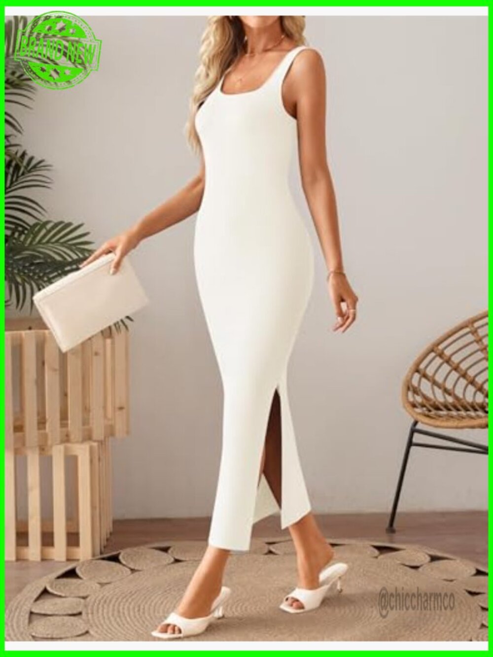 Sleeveless Knit Bodycon Midi Dress Square Neck Side Slit Summer Beach - Picture 3 of 7